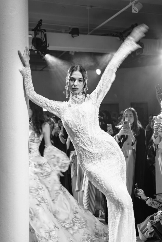 Film photo of Galia Lahav lace wedding gown at rehearsal NY Bridal Fashion Week