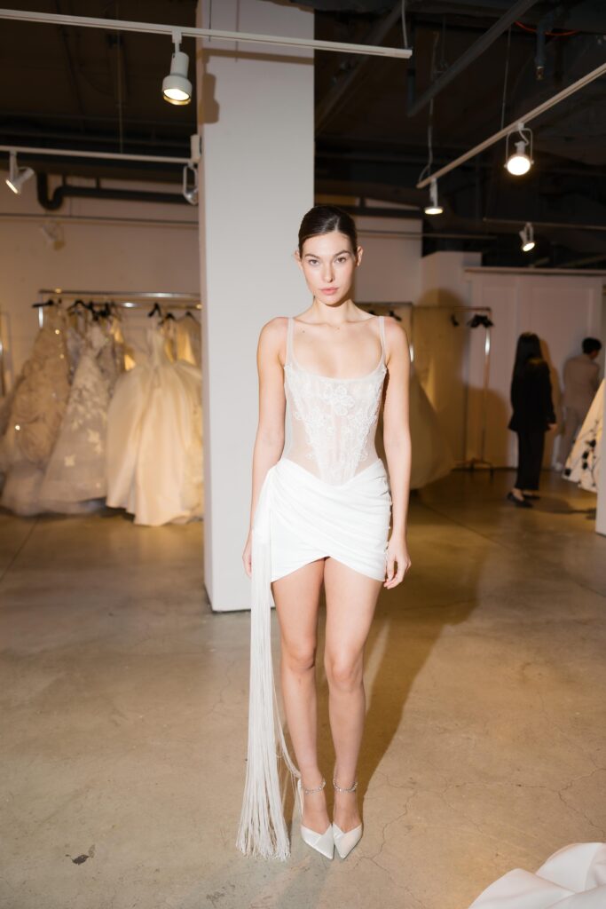  Backstage portrait of Nicole + Felicia bride with cocktail silhouette NYBFW Spring 2025