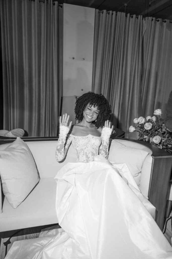 Backstage moment at Galia Lahav show captured on film at New York Bridal Fashion Week Spring 2025