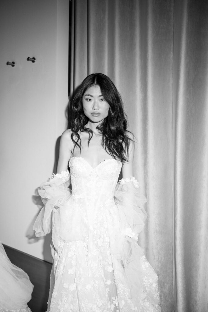 Backstage moment at Galia Lahav show captured on film at New York Bridal Fashion Week Spring 2025